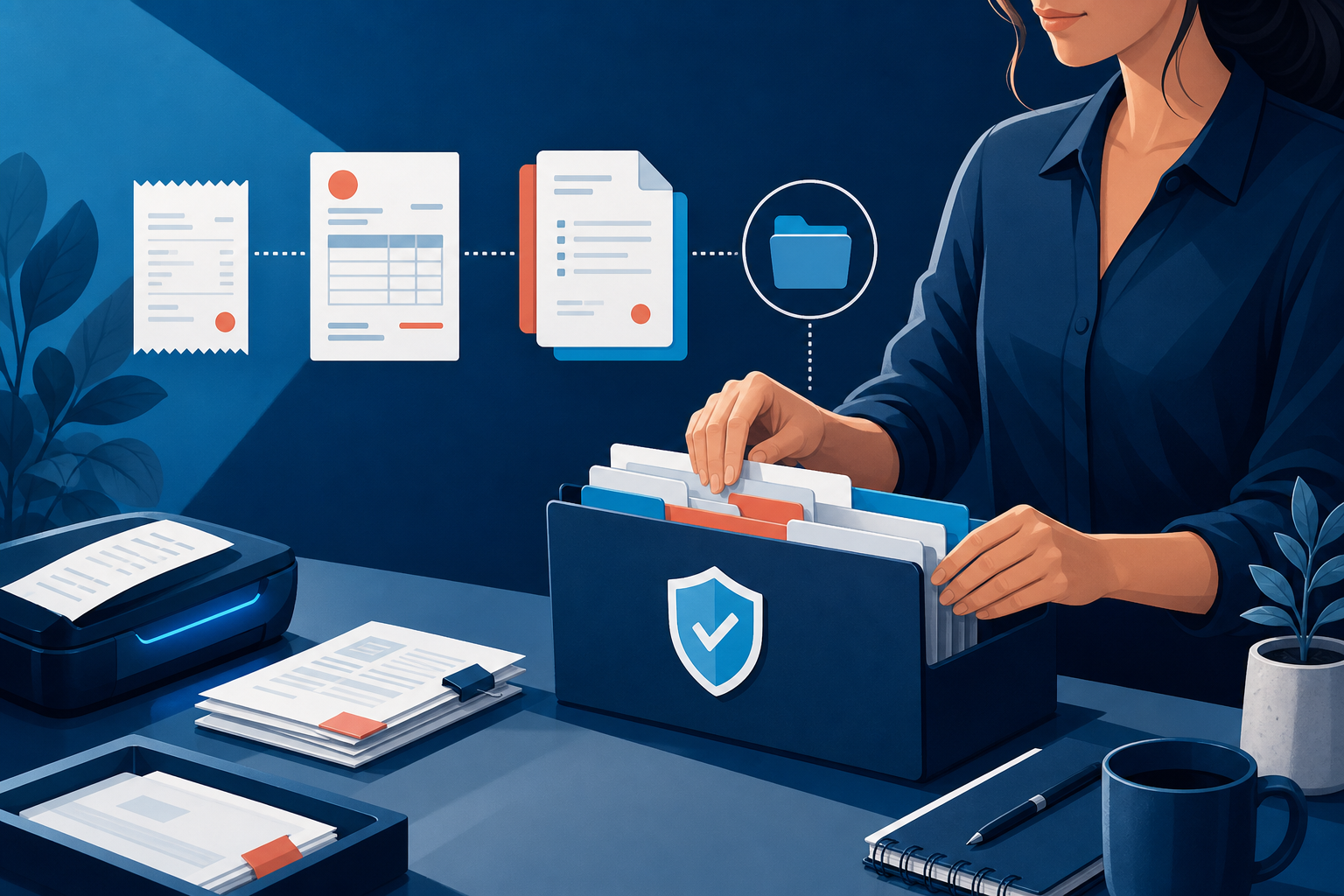 An independent professional organizing receipts and records in a secure document folder